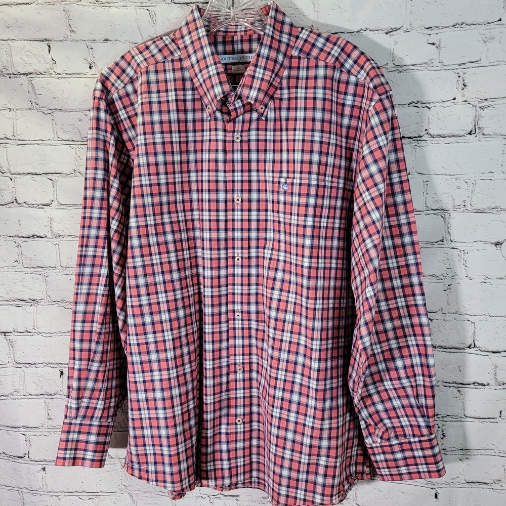Southern Tide‎ Shirt Mens Large Blue Pink Plaid Long Sleeve Button Down